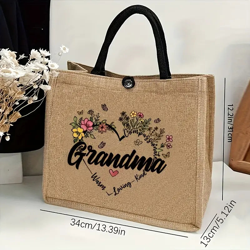 Jute Tote Bag with Floral “Grandma” Design