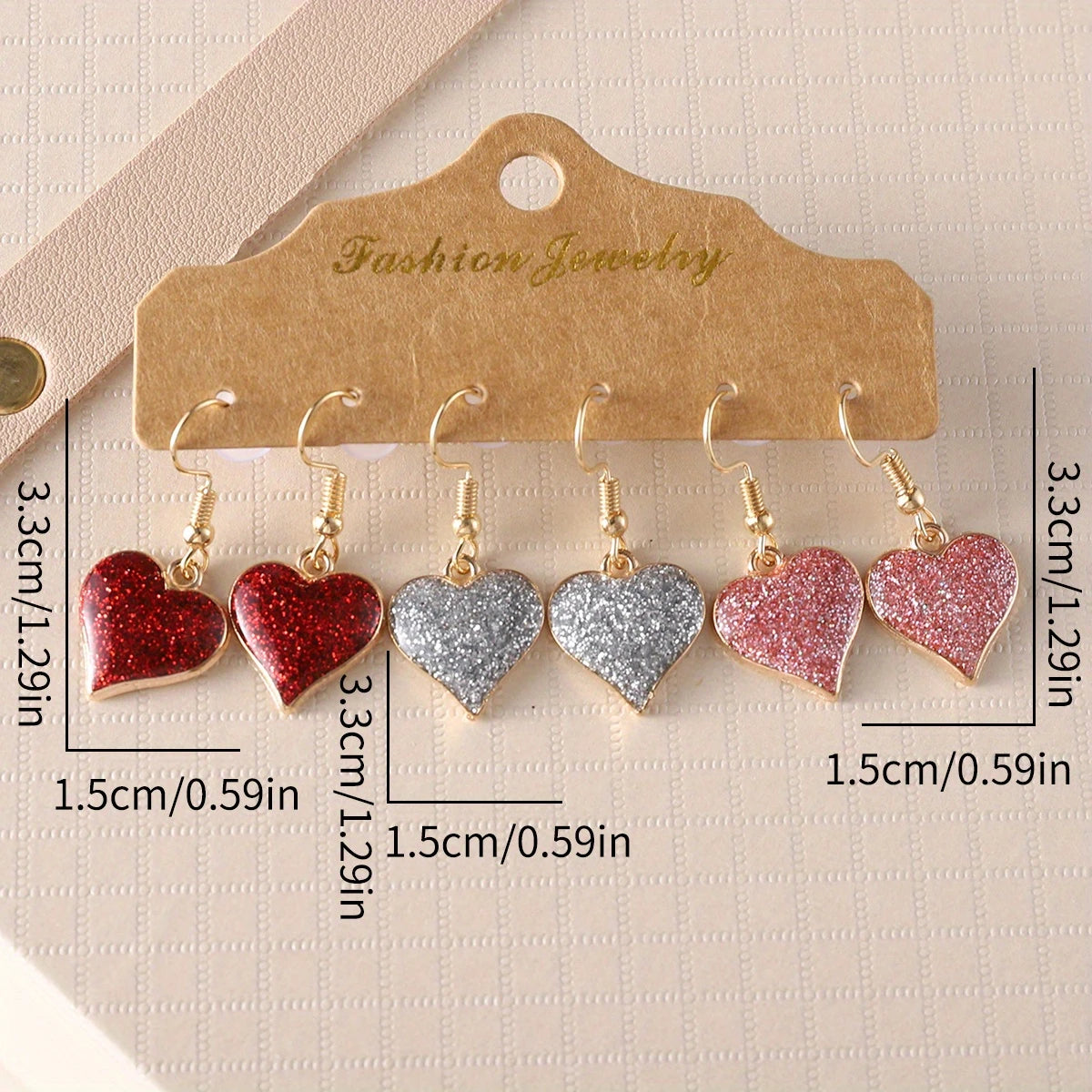 3 Pair of Wholesale Sparkle Glitter Heart Dangle Earrings – Trendy and Eye-Catching Jewelry