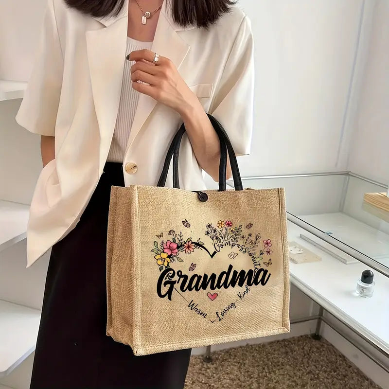 Jute Tote Bag with Floral “Grandma” Design