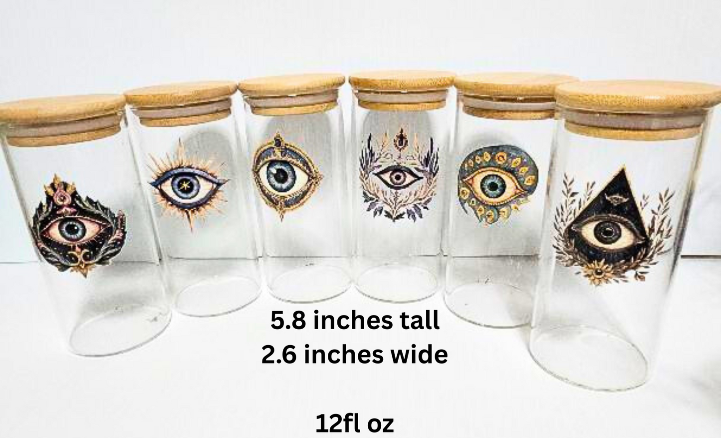 Case of 12 Mystic Eye Jars – Wholesale Glass Jars with Artwork & Soft Seal Bamboo Lids