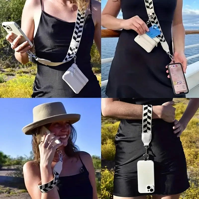 Crossbody Phone Strap with Zippered Purse, Black/White