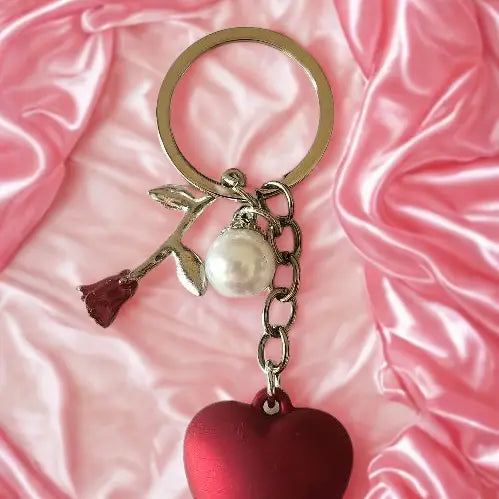 Red Heart Keychain with Rose & Pearl Charm – Wholesale