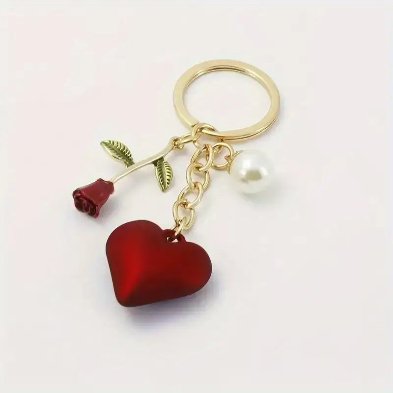 Red Heart Keychain with Rose & Pearl Charm – Wholesale