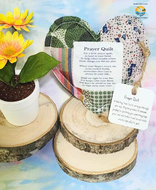 Heart-Shaped Mini Prayer Quilt with Angel Charm & Cross