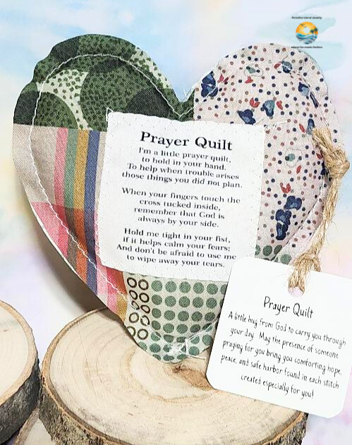 Heart-Shaped Mini Prayer Quilt with Angel Charm & Cross