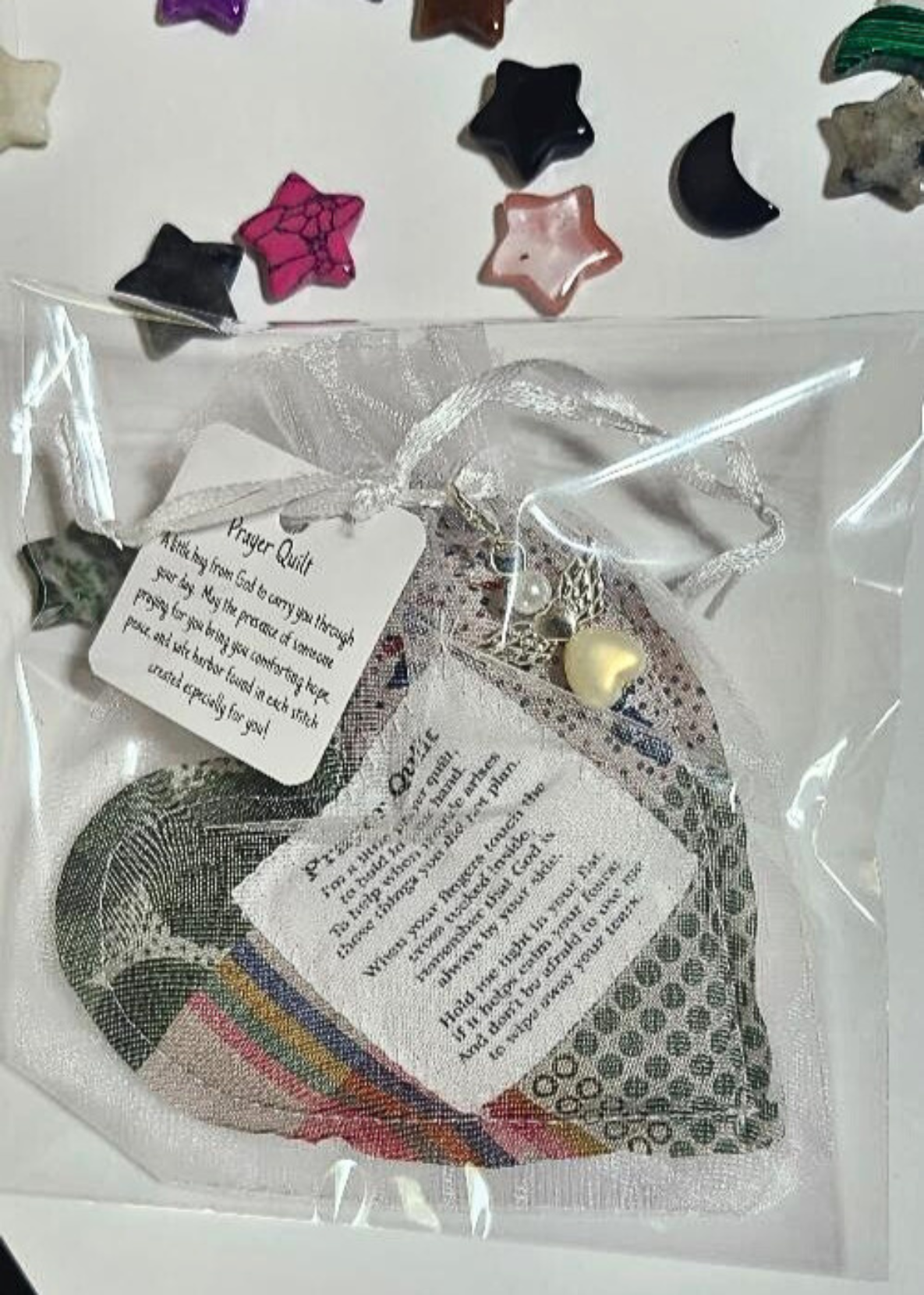 Heart-Shaped Mini Prayer Quilt with Angel Charm & Cross