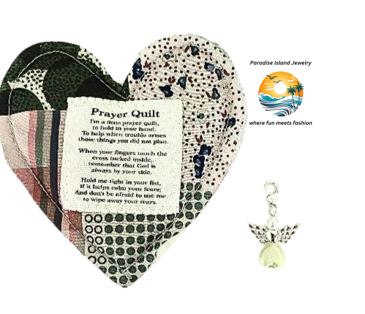 Heart-Shaped Mini Prayer Quilt with Angel Charm & Cross