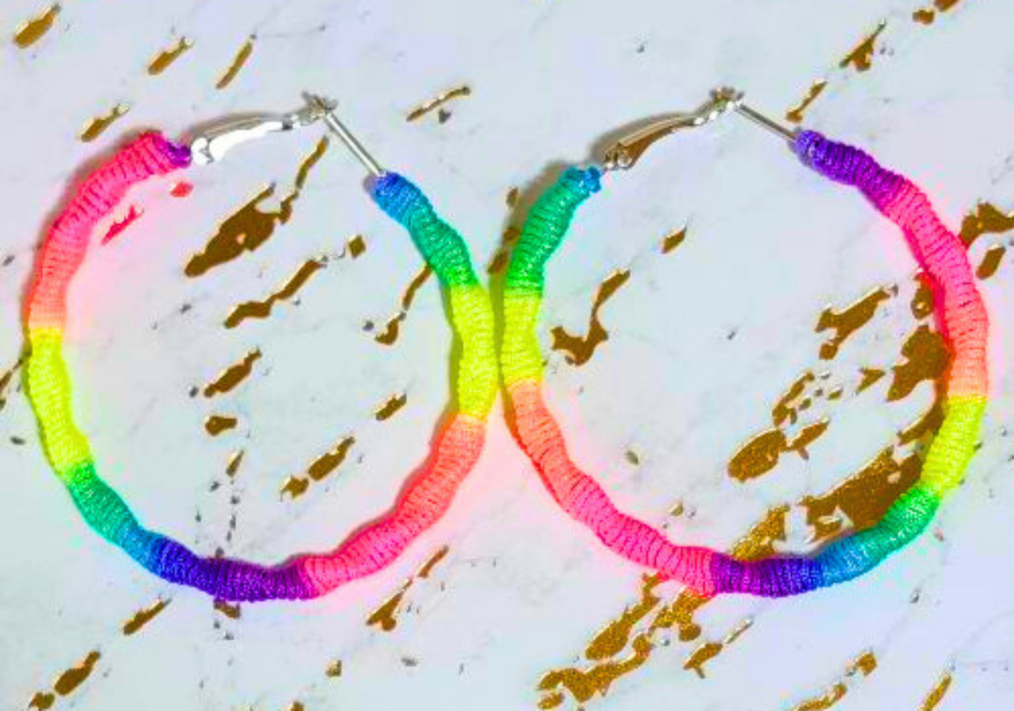 Neon Thread Wrapped Hoop Earrings – Multicolor 1.5" Hoops