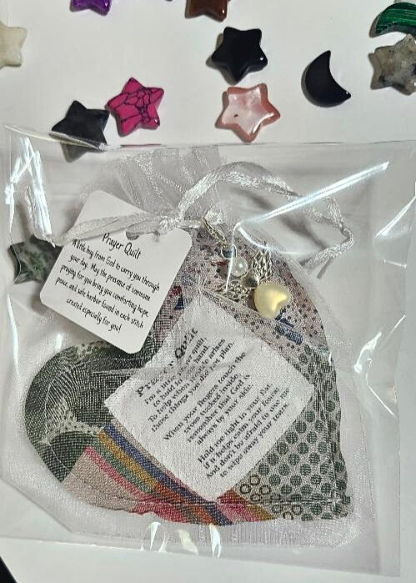 Heart-Shaped Mini Prayer Quilt with Angel Charm & Cross