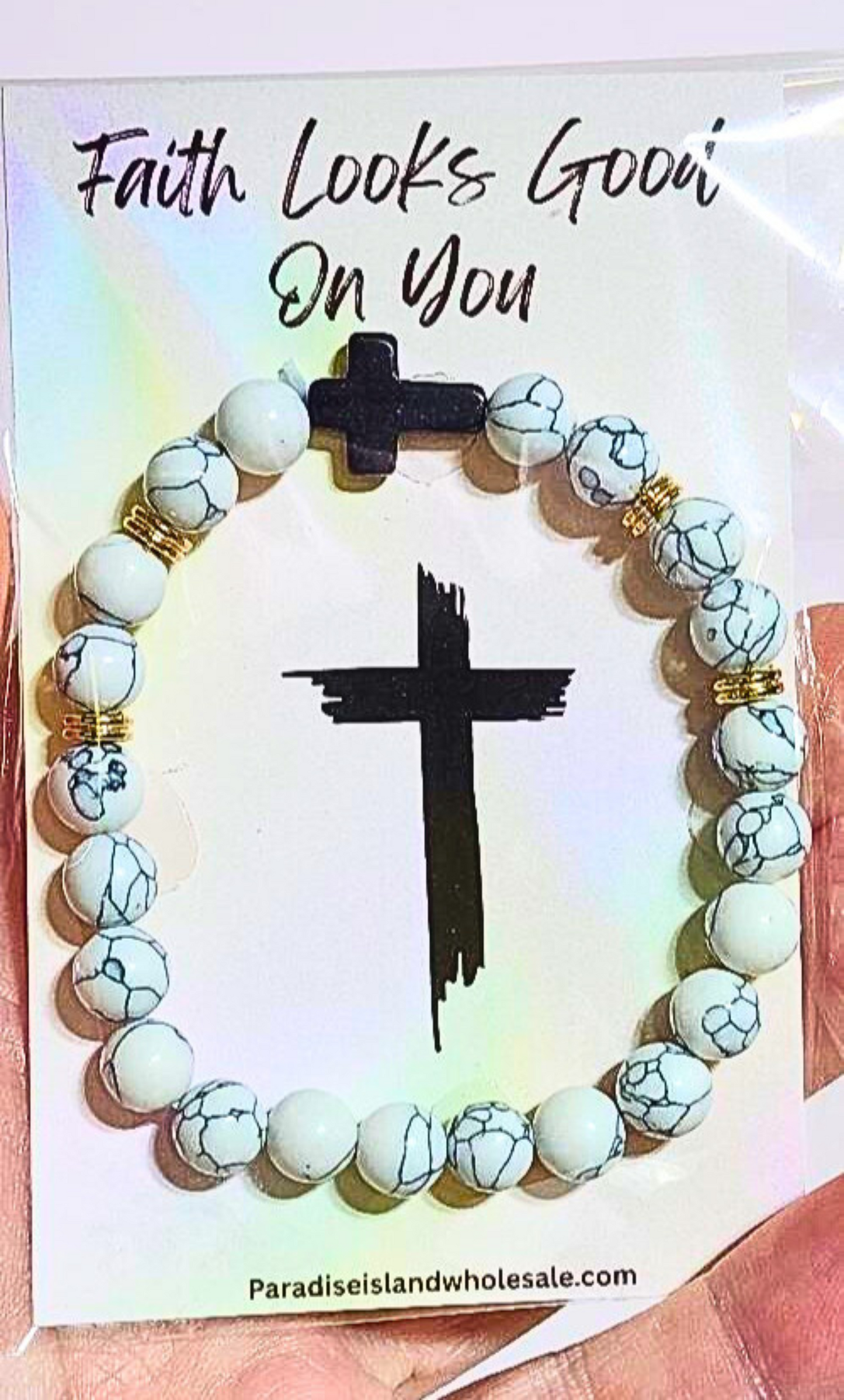 Wholesale Faith Beaded Cross Bracelet – 8mm Stretchy Glass & Stone Beads on Inspirational Card | Retail-Ready Christian Jewelry