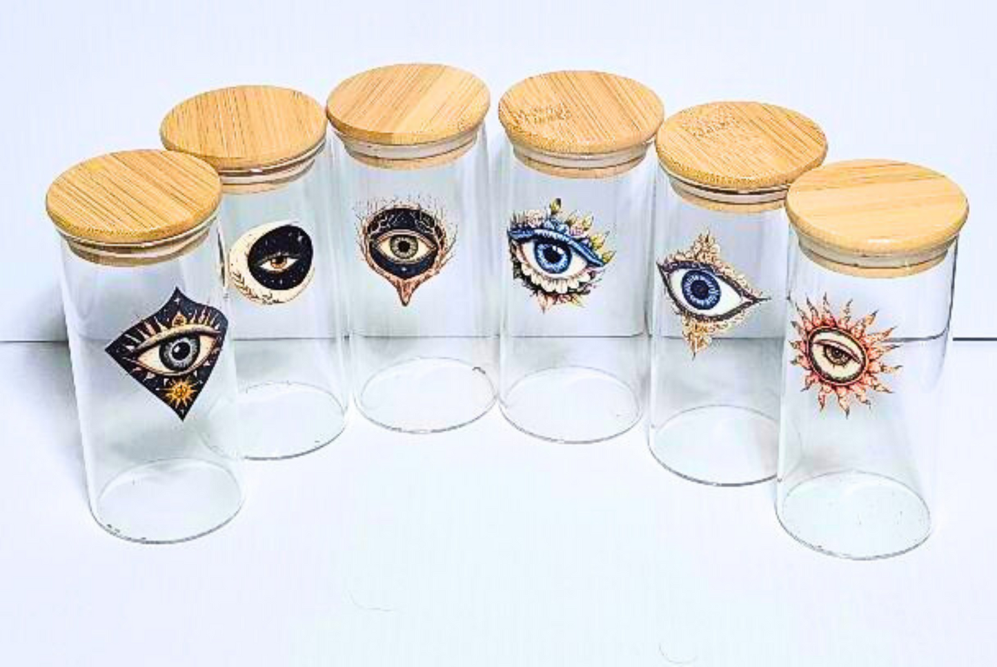 Case of 12 Mystic Eye Jars – Wholesale Glass Jars with Artwork & Soft Seal Bamboo Lids