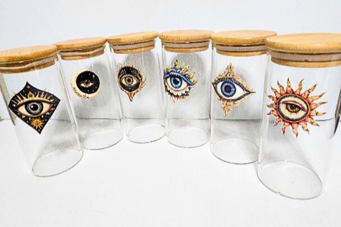 Case of 12 Mystic Eye Jars – Wholesale Glass Jars with Artwork & Soft Seal Bamboo Lids