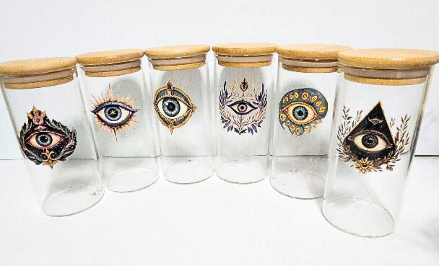 Case of 12 Mystic Eye Jars – Wholesale Glass Jars with Artwork & Soft Seal Bamboo Lids