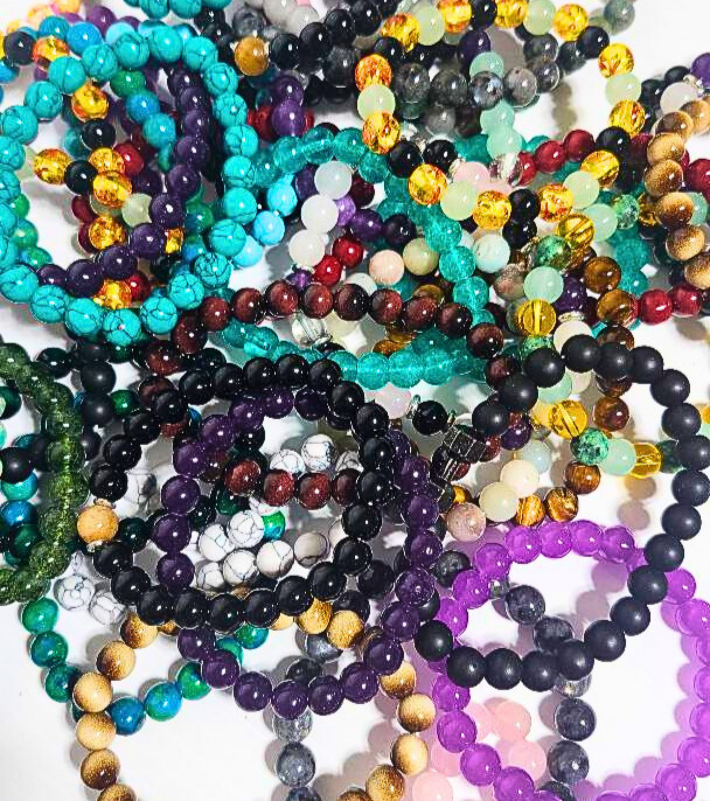 10-Pack Random Colored 8mm Beaded Stretchy Bracelets – Stone, Glass & Crystal Wholesale Jewelry
