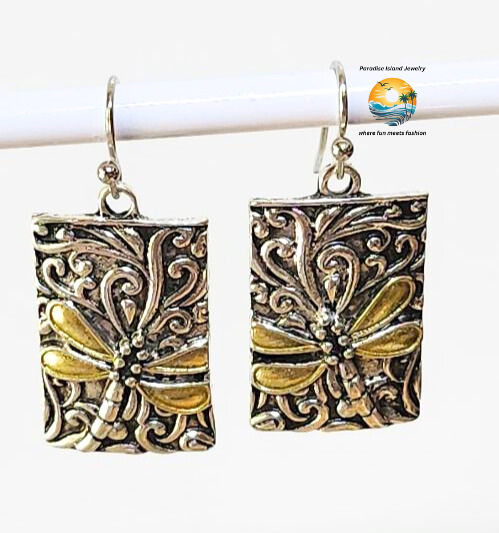 Stainless Steel Two-Tone Dragonfly Dangle Earrings