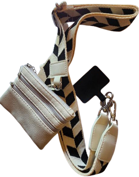 Crossbody Phone Strap with Zippered Purse, Black/White