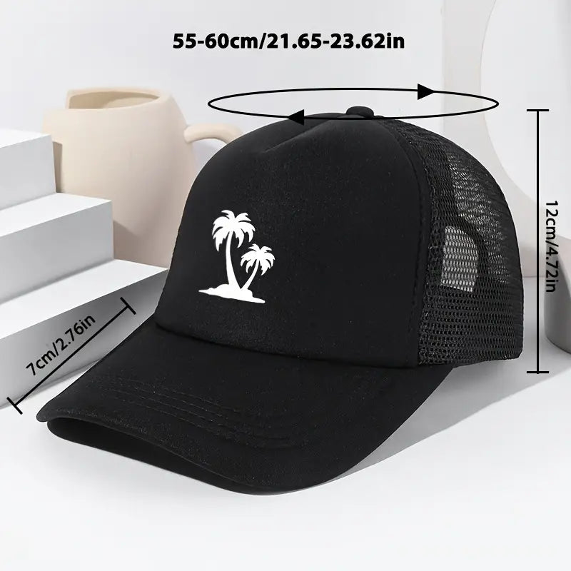 Black Baseball Cap with White Palm Tree Design