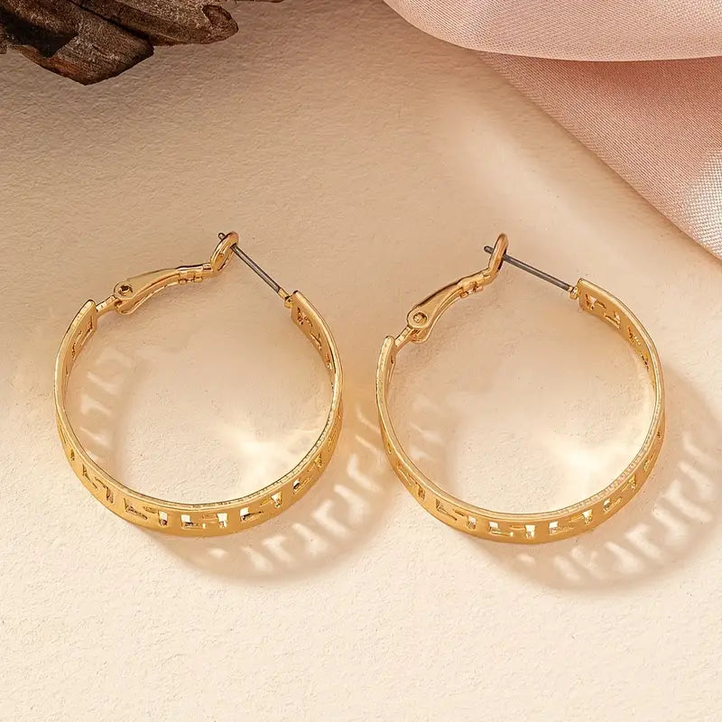 Gold Plated Greek Key Hoop Earrings, 1.5 Inch