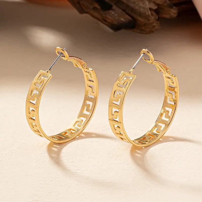 Gold Plated Greek Key Hoop Earrings, 1.5 Inch
