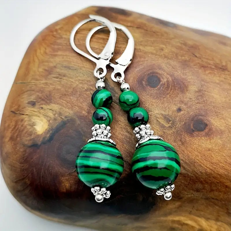 Malachite Beaded Dangle Earrings – 2.25" Stainless Steel Leverbacks