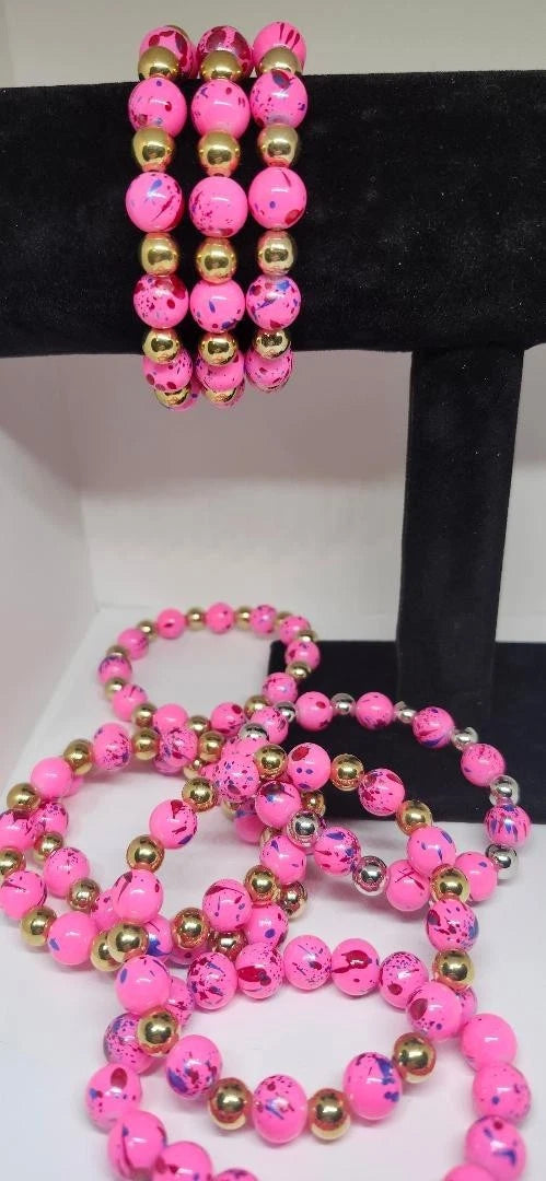 8mm Hot Pink Speckled Glass Beaded Stretchy Bracelet – Wholesale Jewelry