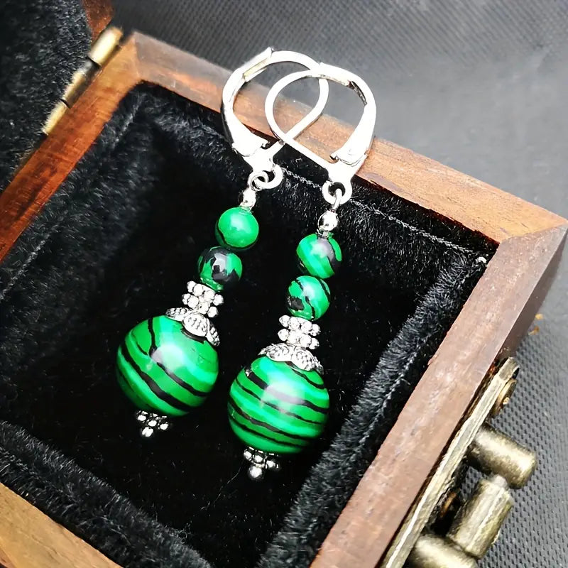 Malachite Beaded Dangle Earrings – 2.25" Stainless Steel Leverbacks