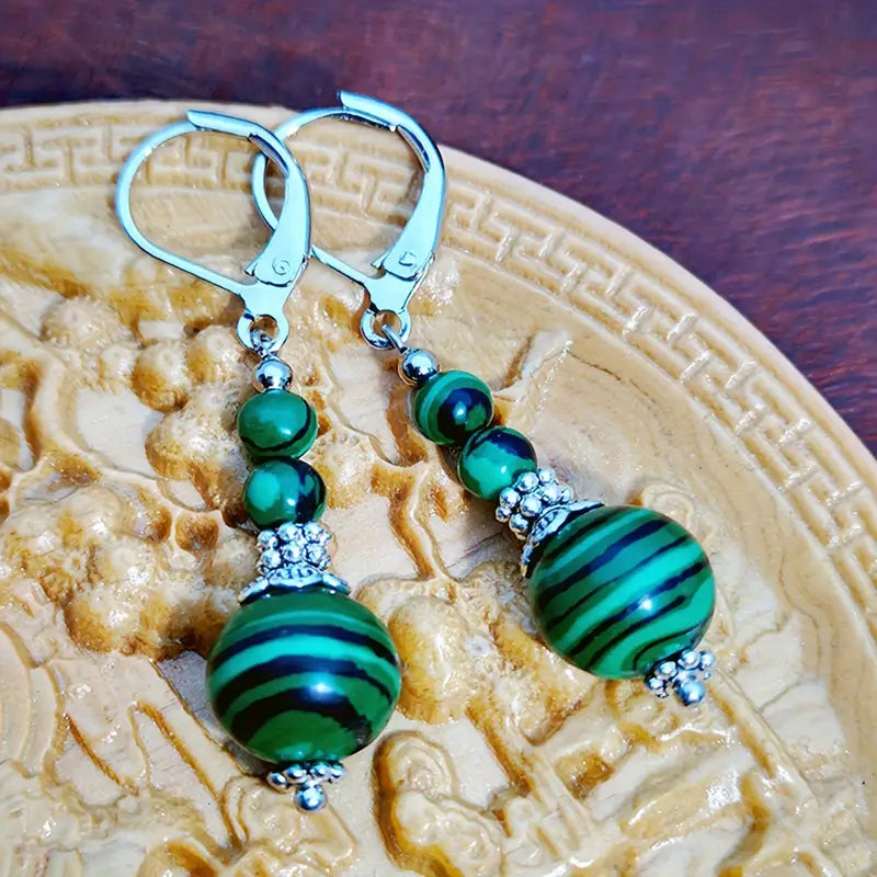 Malachite Beaded Dangle Earrings – 2.25" Stainless Steel Leverbacks