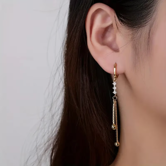 Gold Plated Hoop Earrings with CZ & Tassel Chains