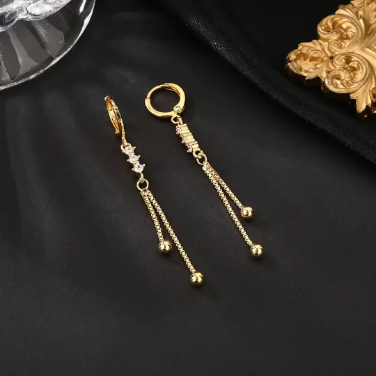 Gold Plated Hoop Earrings with CZ & Tassel Chains
