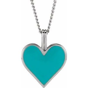 Sterling Silver Light Turquoise Enamel Heart 18" Necklace