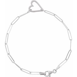 Sterling Silver Heart & Paperclip-Style Chain 7" Bracelet