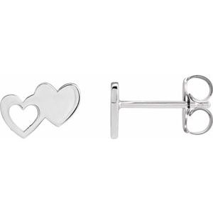 14K White Double Heart Stud Earrings