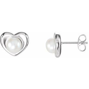 Sterling Silver Cultured White Freshwater Pearl Heart Earrings