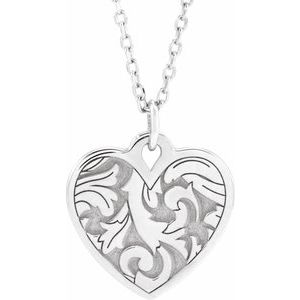 Sterling Silver Engravable Floral Heart 16-18" Necklace