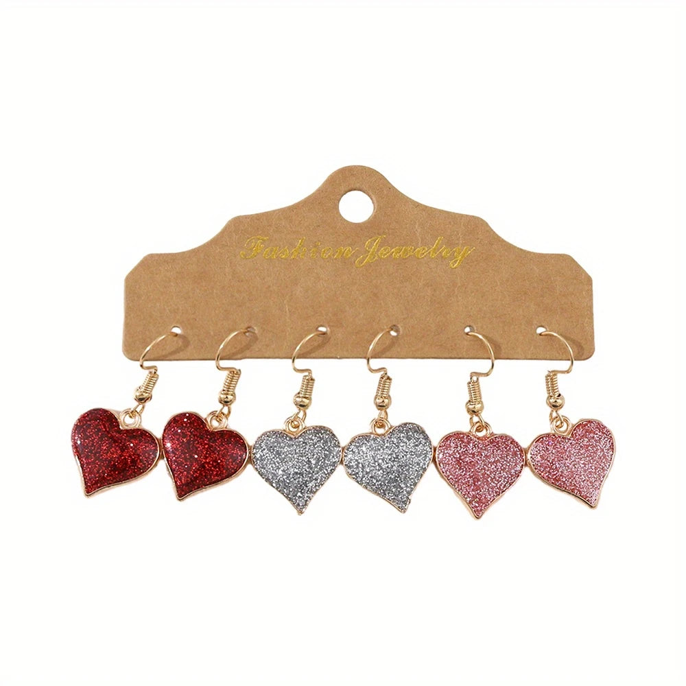 3 Pair of Wholesale Sparkle Glitter Heart Dangle Earrings – Trendy and Eye-Catching Jewelry