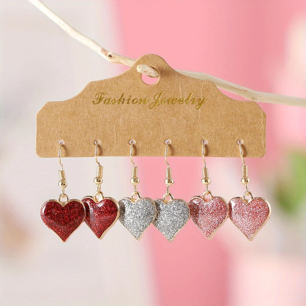3 Pair of Wholesale Sparkle Glitter Heart Dangle Earrings – Trendy and Eye-Catching Jewelry