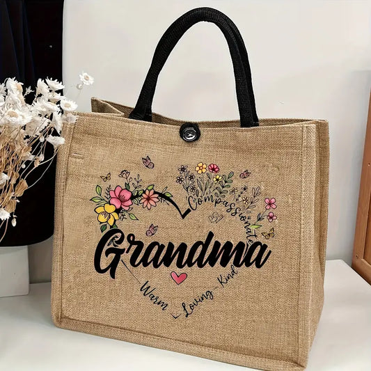Jute Tote Bag with Floral “Grandma” Design
