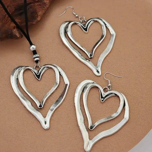 Stainless Steel Heart-in-Heart Pendant with Cord