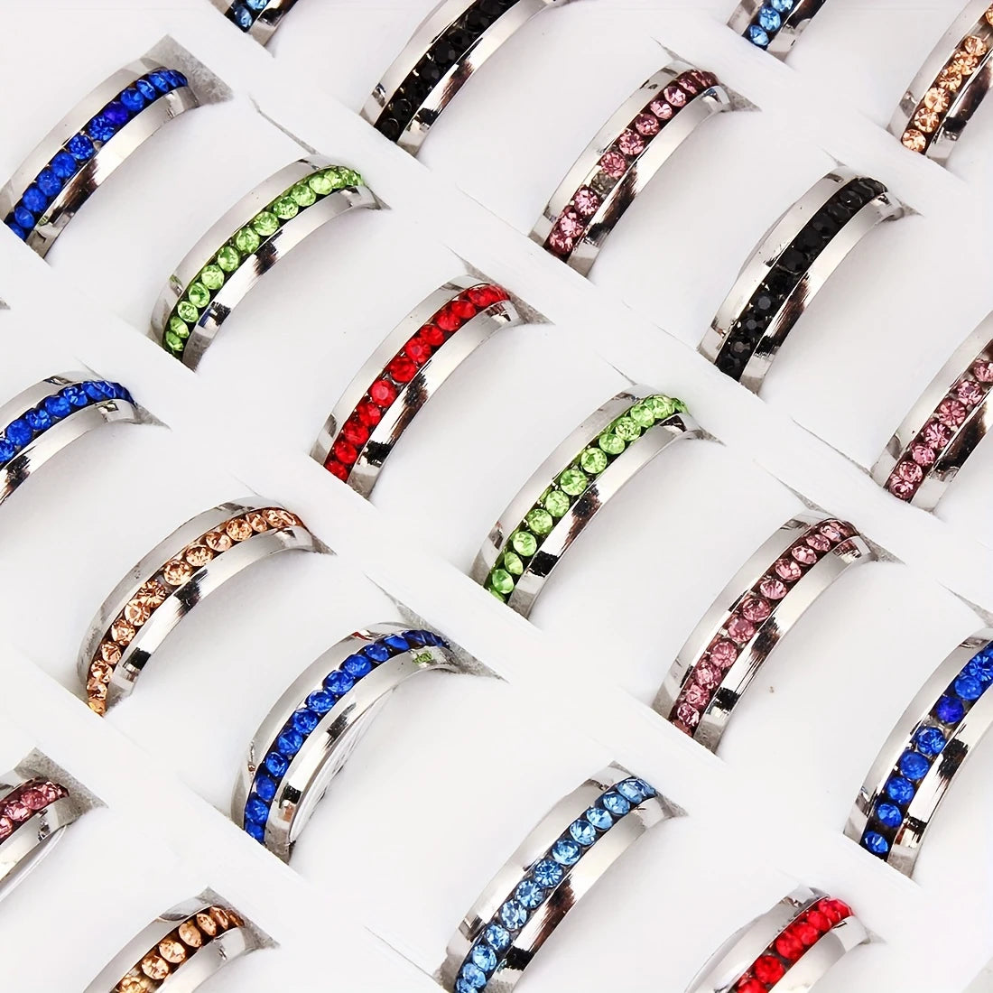 60Pcs Stainless Steel Rhinestone Rings – B2B Wholesale Fashion Rings for Women & Men, Mixed Color