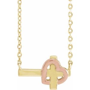 14K Yellow/Rose Sideways Cross & Heart 18" Necklace