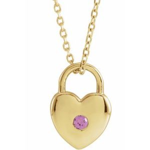 14K Yellow Natural Pink Sapphire Heart Lock 18" Necklace