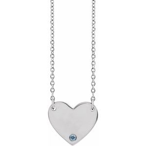 Sterling Silver Natural Aquamarine Engravable Heart 18" Necklace