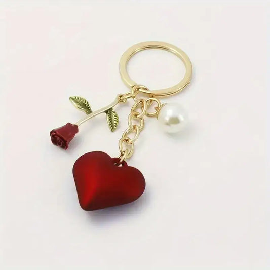 Red Heart Keychain with Rose & Pearl Charm – Wholesale