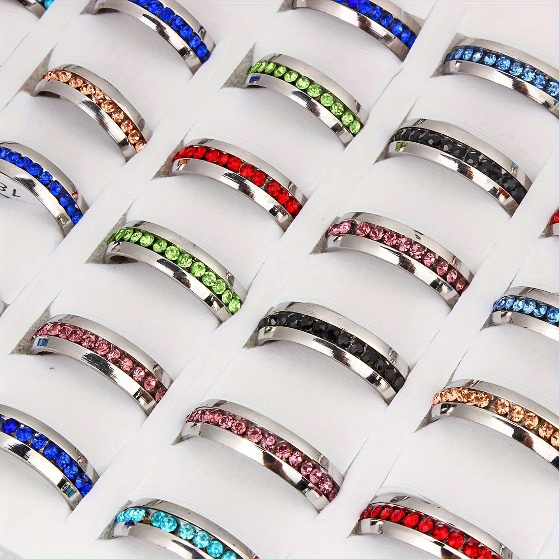 60Pcs Stainless Steel Rhinestone Rings – B2B Wholesale Fashion Rings for Women & Men, Mixed Color