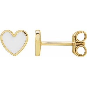 14K Yellow White Enamel Heart Earrings