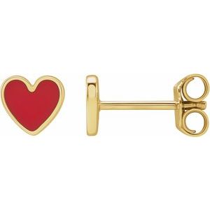 14K Yellow Red Enamel Heart Earrings