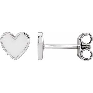 Sterling Silver White Enamel Heart Earrings