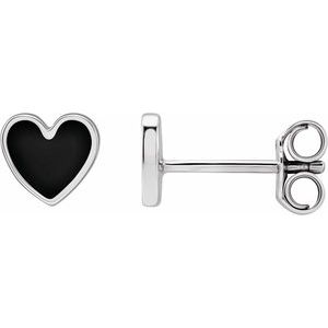 14K White Black Enamel Heart Earrings