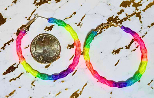 Neon Thread Wrapped Hoop Earrings – Multicolor 1.5" Hoops