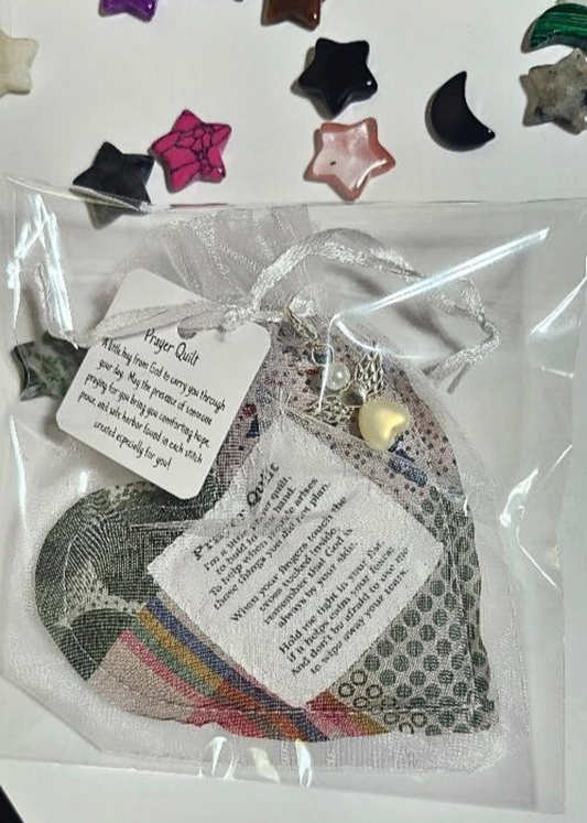 Heart-Shaped Mini Prayer Quilt with Angel Charm & Cross